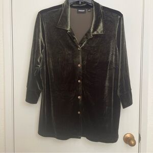 Avenue Velour Velvet Dark Green Button Down Womens Top 3X 22/24 Dark Academia